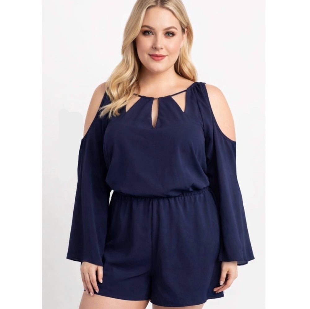 NEW Sugarlips Navy Blue Romper, Pockets, Cold Shoulder, Cutouts Neckline Sz.L